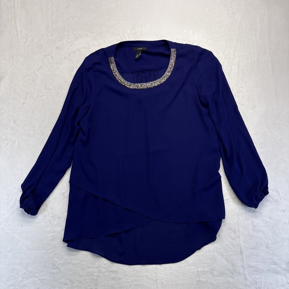 Alfani Blouse Womens Size 14 Blue Beaded Round Neck Asymmetric Layered Flowy